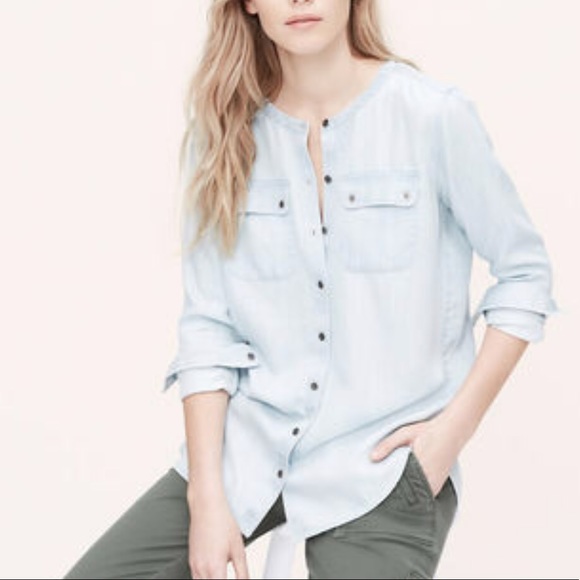 LOFT collarless, button down chambray tunic top - Picture 1 of 5